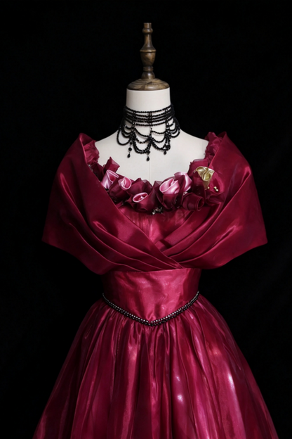 Burgundy Vintage Off Shoulder Organza Ball Gown Prom Dress F0346