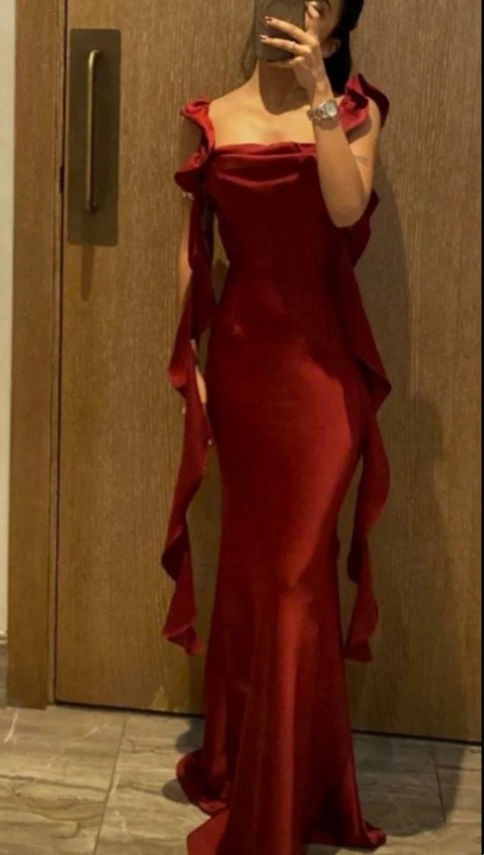 Burgundy Satin Mermaid Formal Gown, Draped Neck Ruffle Strap Maxi Dress F0076