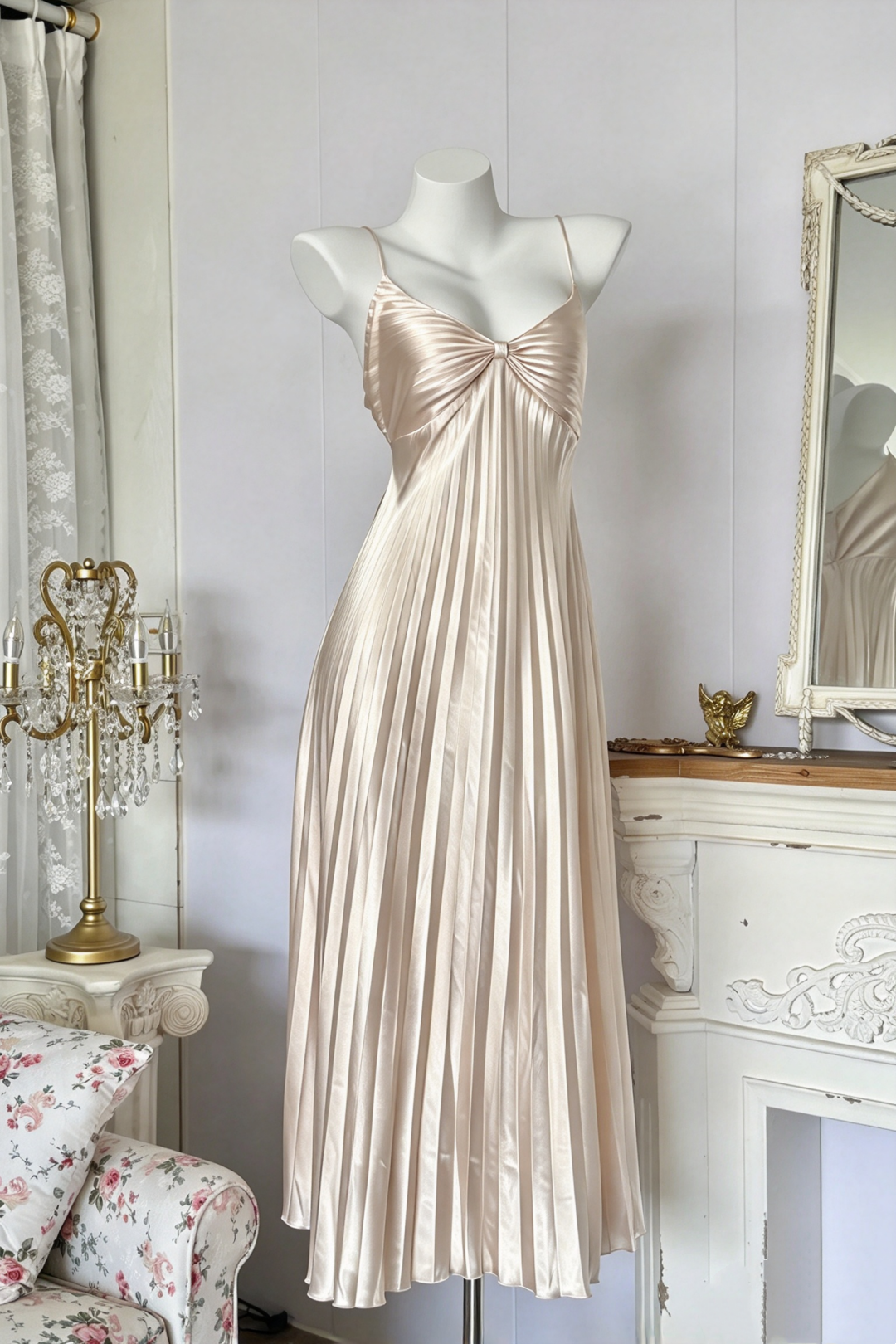Champagne Back Tie Satin Pleated Bridesmaid Dres F0389