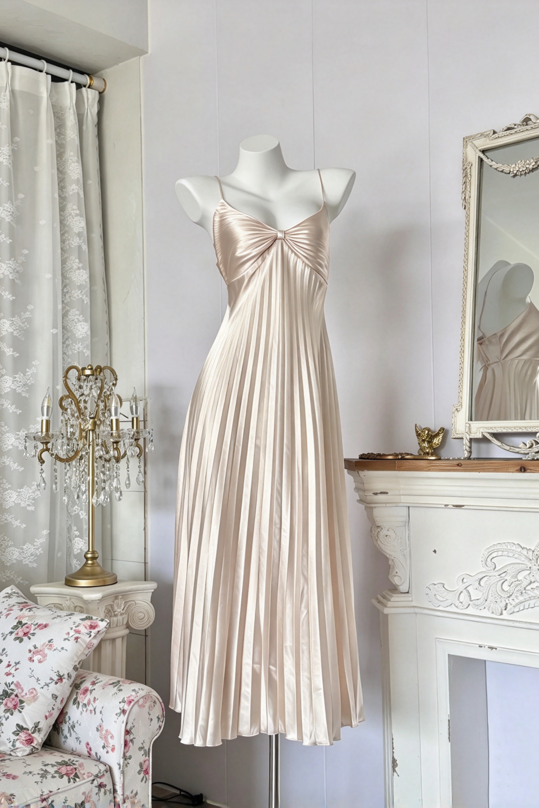 Champagne Back Tie Satin Pleated Bridesmaid Dres F0389