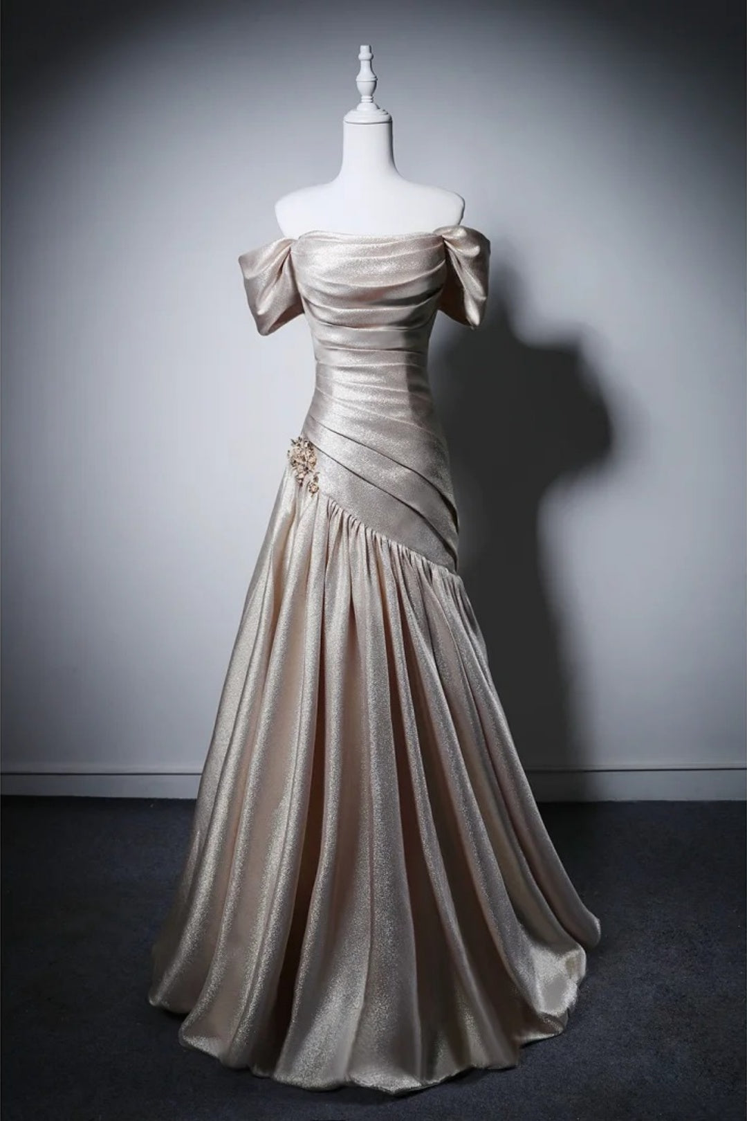 Champagne Satin Mermaid Evening Dress, Off Shoulder Formal Gown F0412