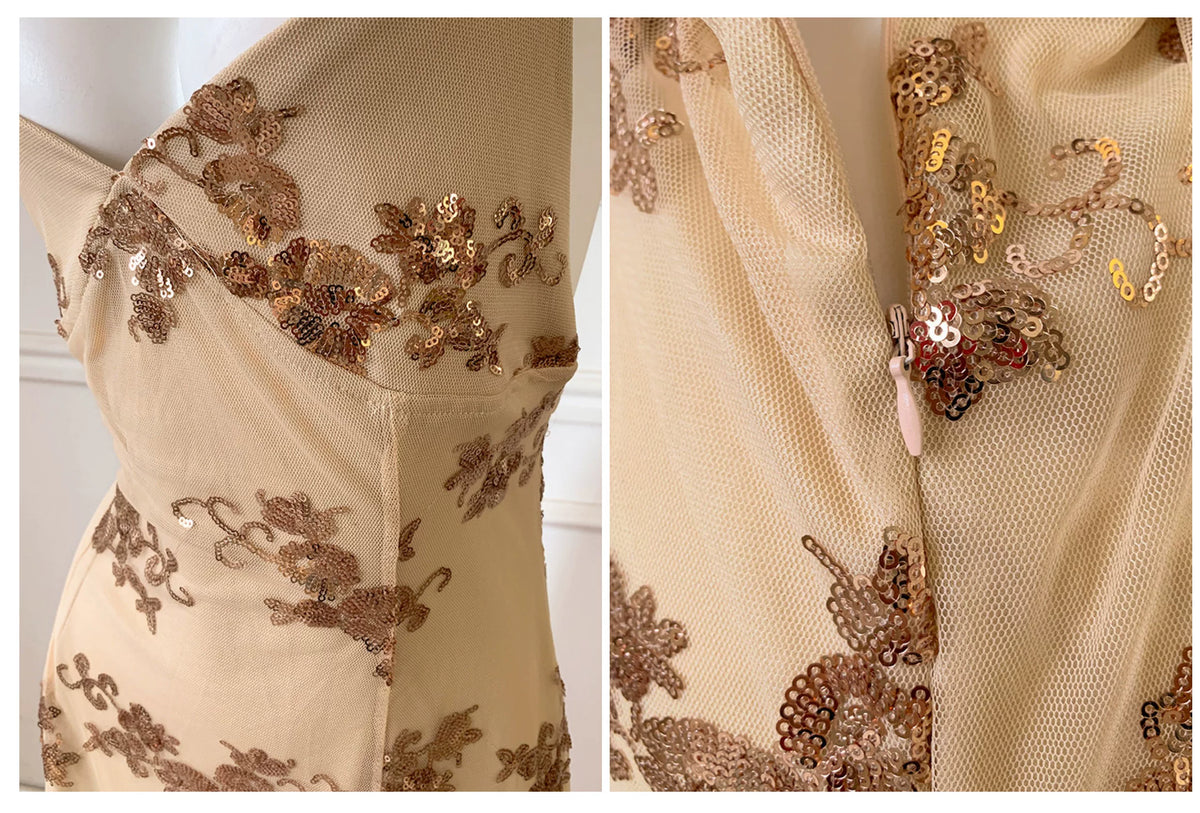 Champagne Spaghetti Strap Gold Floral Sequin Long Prom Dress F0463