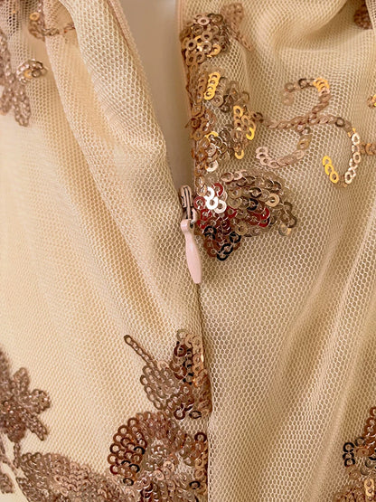Champagne Spaghetti Strap Gold Floral Sequin Long Prom Dress F0463