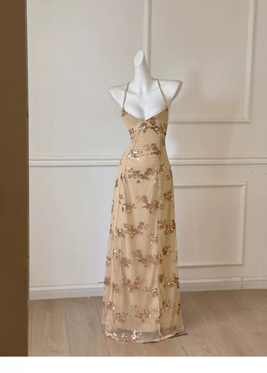 Champagne Spaghetti Strap Gold Floral Sequin Long Prom Dress F0463