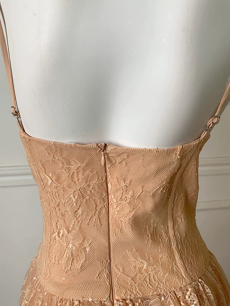 Champagne Spaghetti Strap Lace A Line Prom Dress F0468