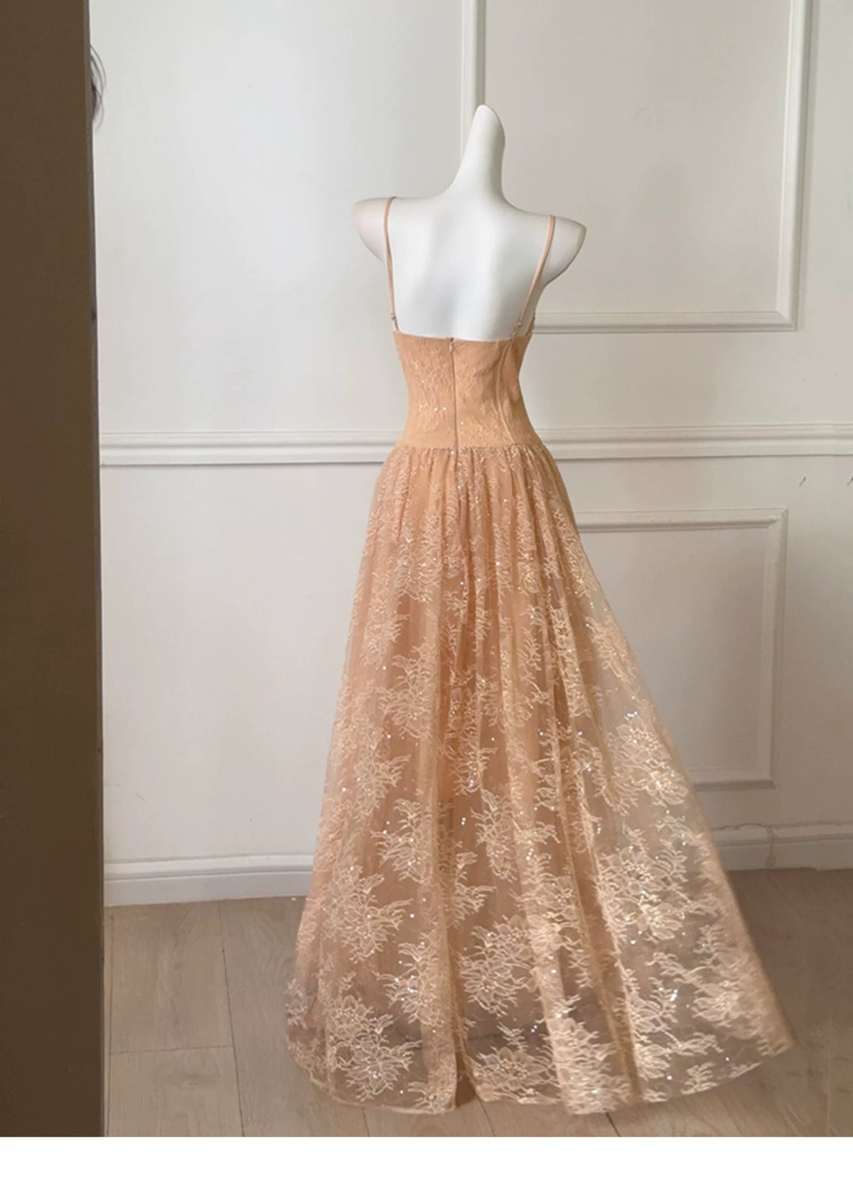 Champagne Spaghetti Strap Lace A Line Prom Dress F0468