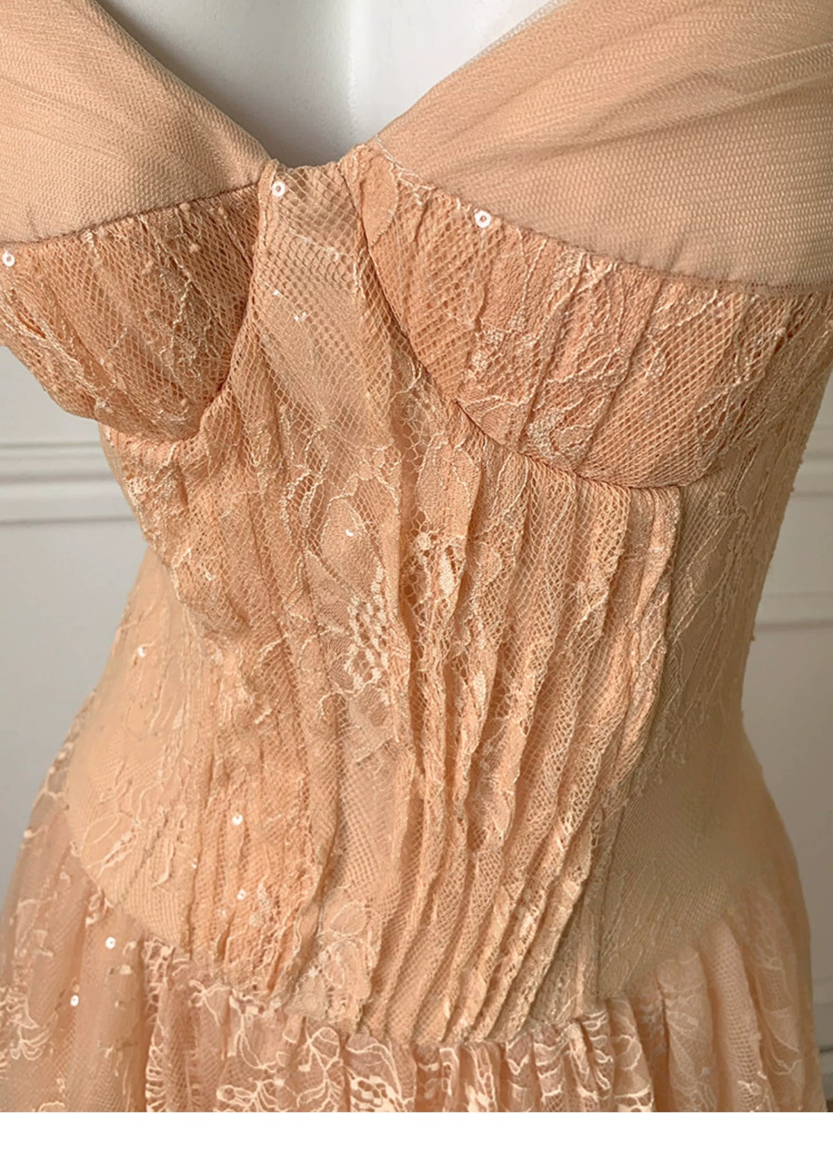Champagne Spaghetti Strap Lace A Line Prom Dress F0468