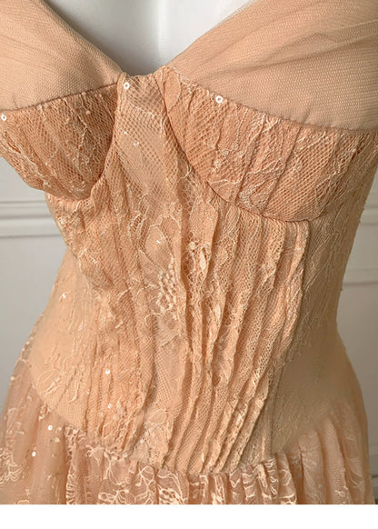 Champagne Spaghetti Strap Lace A Line Prom Dress F0468