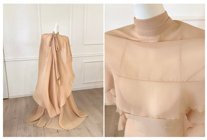 Champagne Spaghetti Straps Long Evening Dress With Ruffle Cape F0486