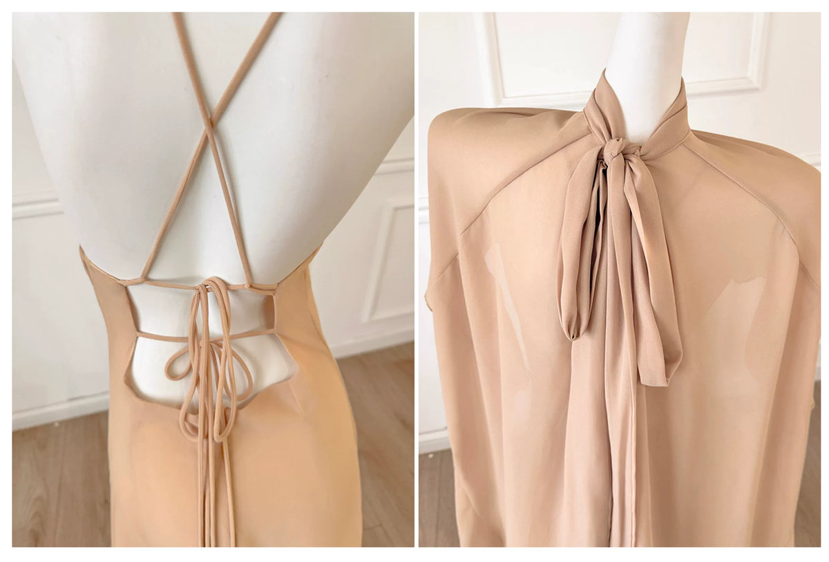 Champagne Spaghetti Straps Long Evening Dress With Ruffle Cape F0486
