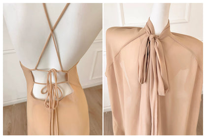 Champagne Spaghetti Straps Long Evening Dress With Ruffle Cape F0486