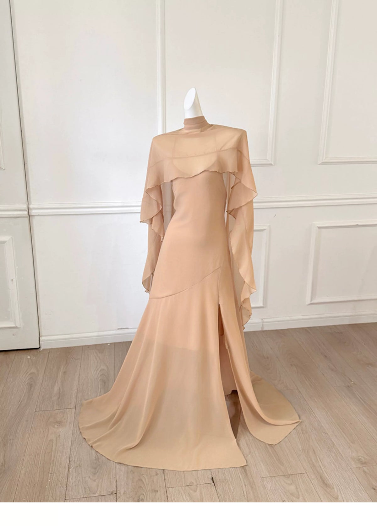 Champagne Spaghetti Straps Long Evening Dress With Ruffle Cape F0486