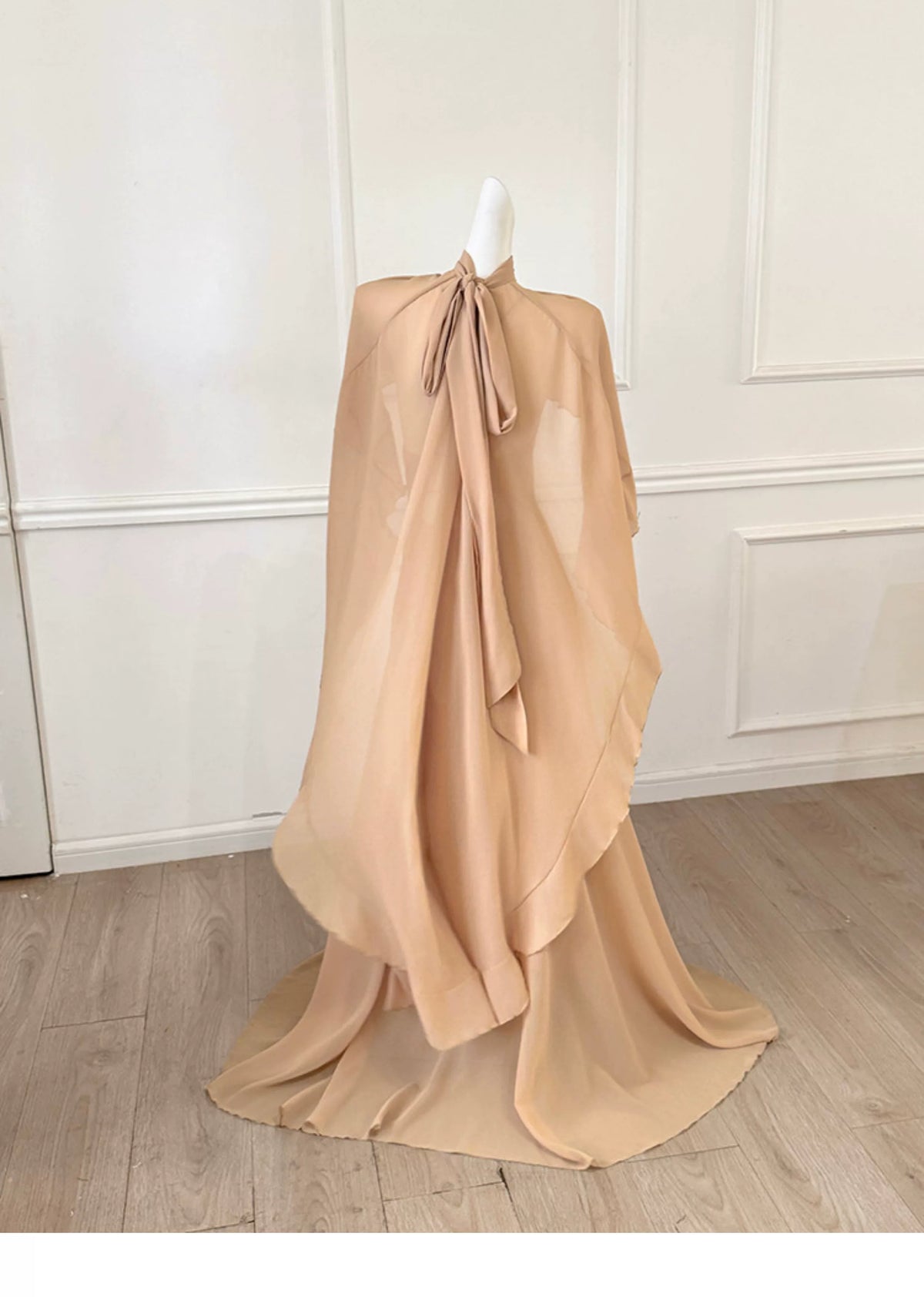 Champagne Spaghetti Straps Long Evening Dress With Ruffle Cape F0486