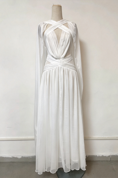 Chiffon Cross Halter Deep V Cape Sleeve Evening Gown L049