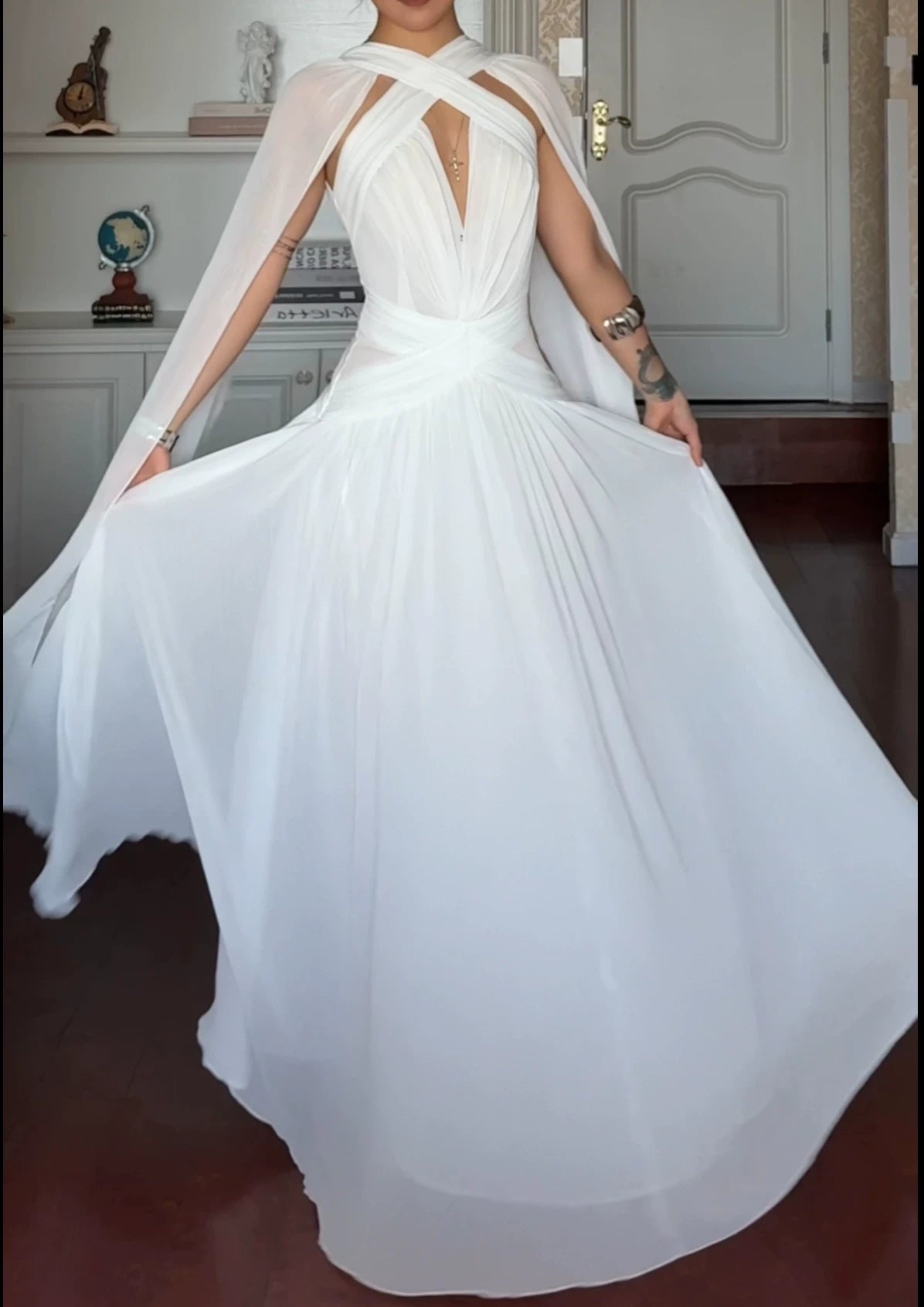 Chiffon Cross Halter Deep V Cape Sleeve Evening Gown L049