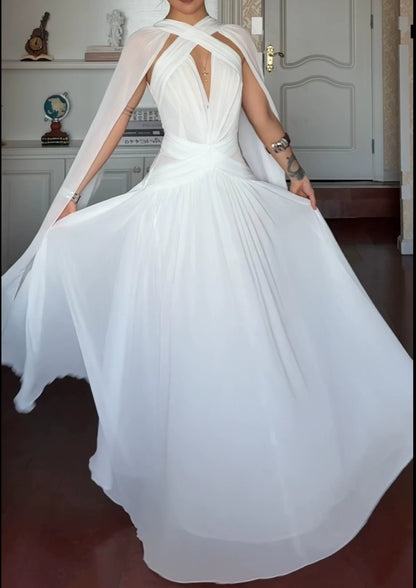 Chiffon Cross Halter Deep V Cape Sleeve Evening Gown L049