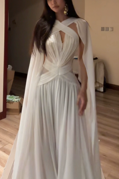 Chiffon Cross Halter Deep V Cape Sleeve Evening Gown L049