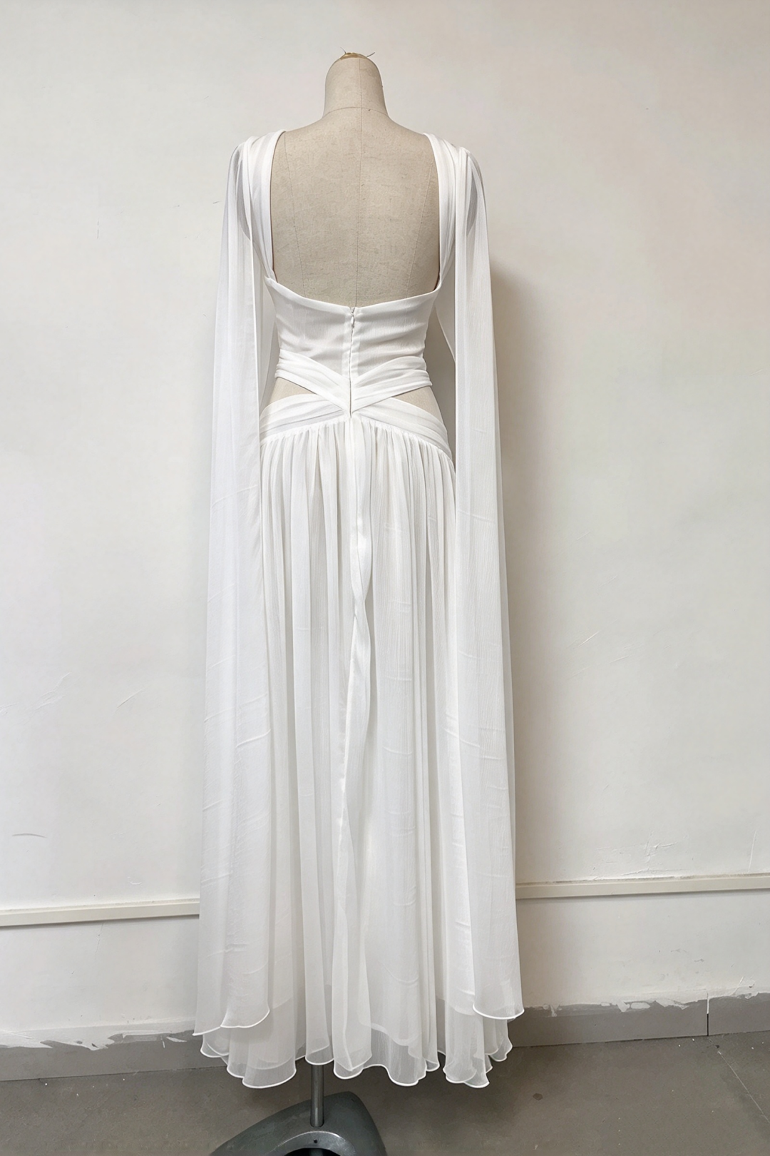 Chiffon Cross Halter Deep V Cape Sleeve Evening Gown L049