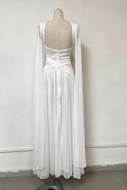 Chiffon Cross Halter Deep V Cape Sleeve Evening Gown L049