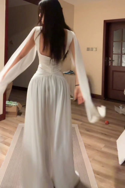 Chiffon Cross Halter Deep V Cape Sleeve Evening Gown L049