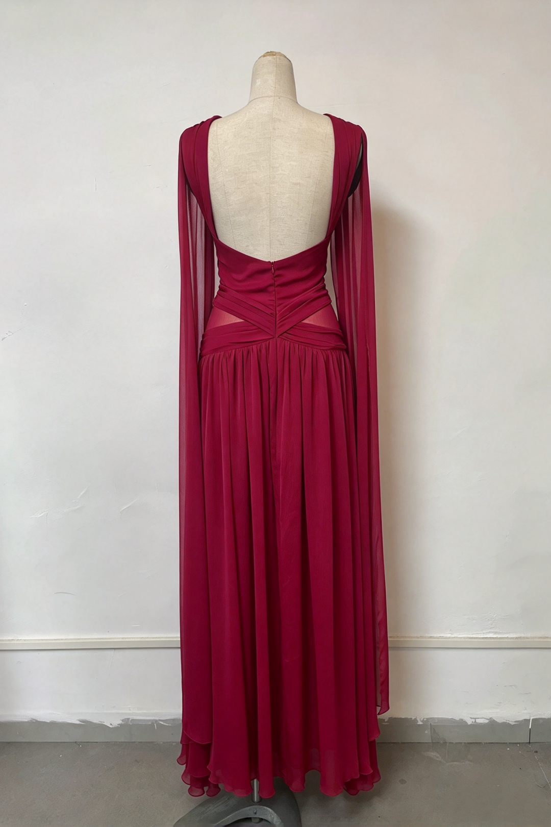 Chiffon Cross Halter Deep V Cape Sleeve Evening Gown L049