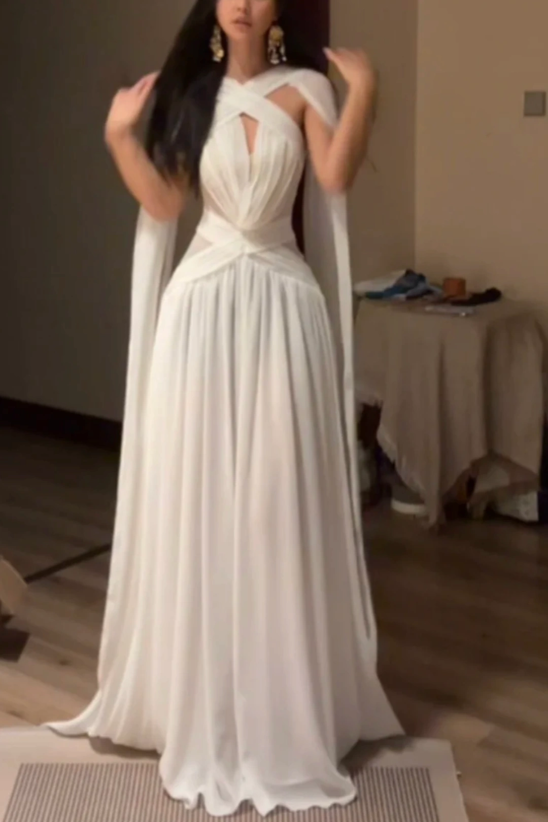 Chiffon Cross Halter Deep V Cape Sleeve Evening Gown L049