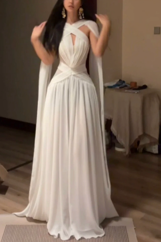 Chiffon Cross Halter Deep V Cape Sleeve Evening Gown L049