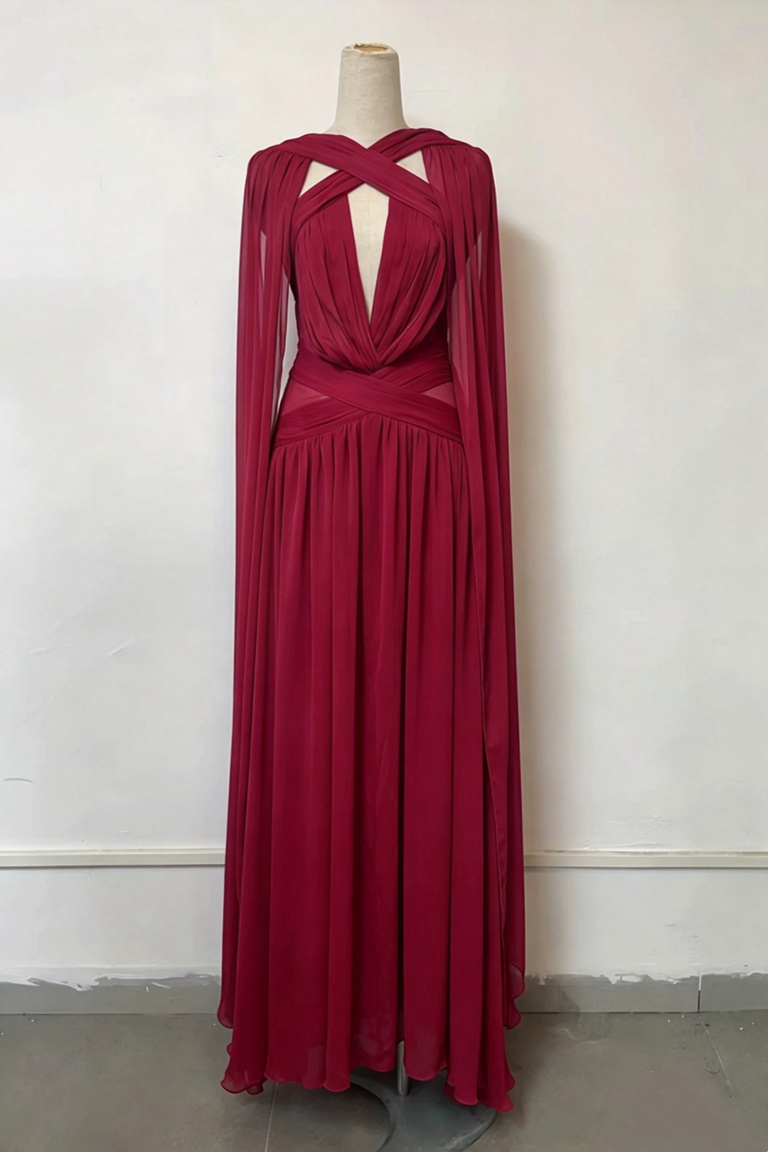 Chiffon Cross Halter Deep V Cape Sleeve Evening Gown L049