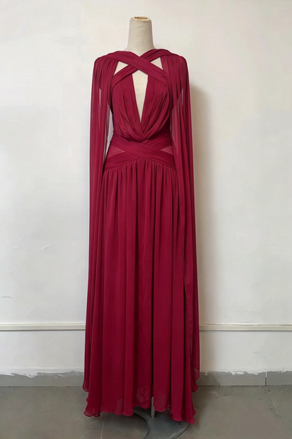 Chiffon Cross Halter Deep V Cape Sleeve Evening Gown L049