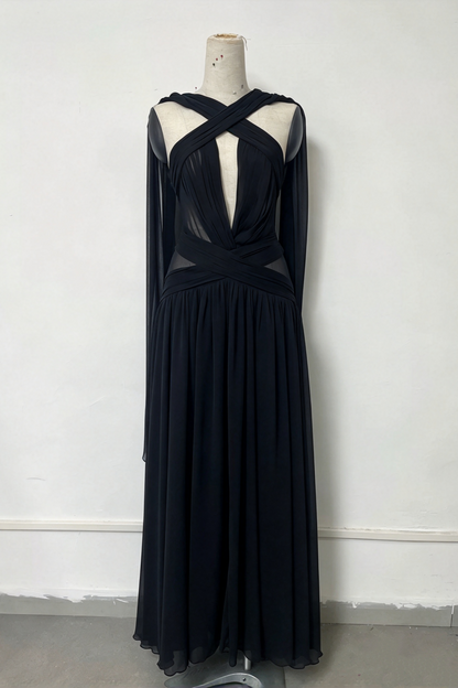 Chiffon Cross Halter Deep V Cape Sleeve Evening Gown L049