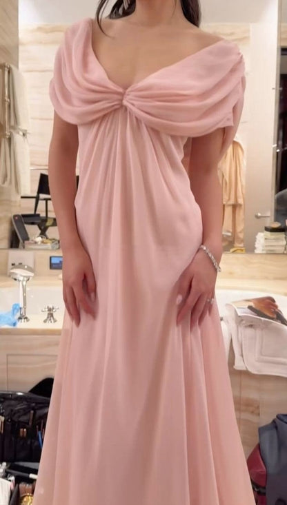 Chiffon Draped V Neck Long Bridesmaid Dress F0401