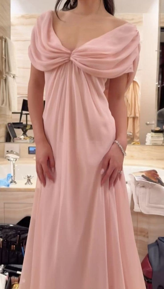 Chiffon Draped V Neck Long Bridesmaid Dress F0401