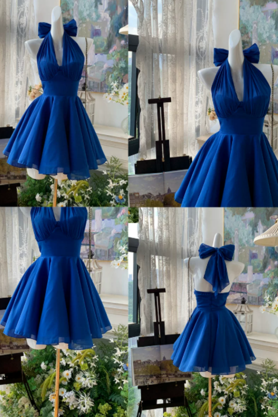 Halter Bow Chiffon Homecoming Dress V‑Neck A‑Line Short Cocktail Party Gown F0024
