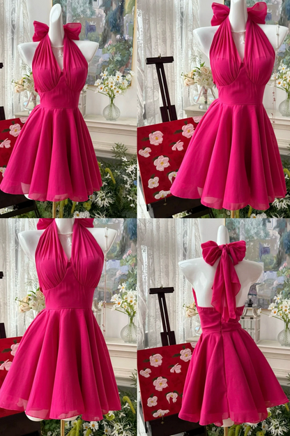 Halter Bow Chiffon Homecoming Dress V‑Neck A‑Line Short Cocktail Party Gown F0024