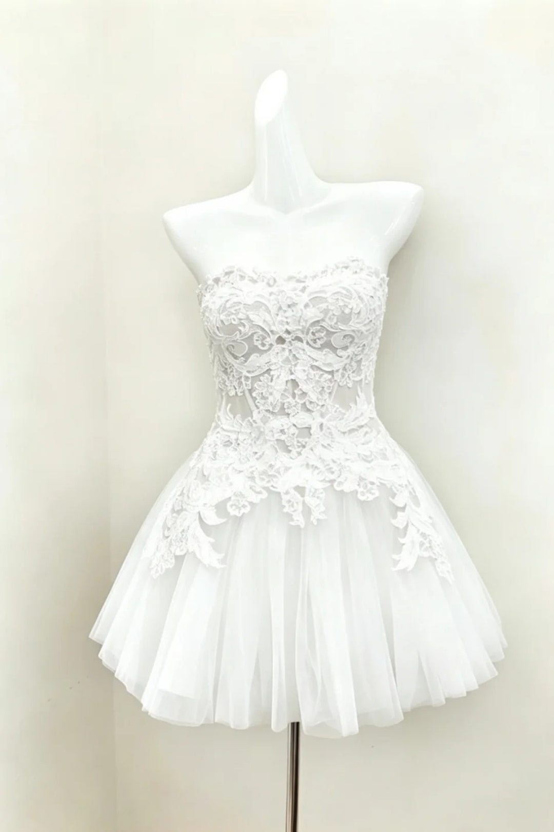 White Strapless Corset Lace Short Dress, Floral Applique Tulle Cocktail Party Gown F007