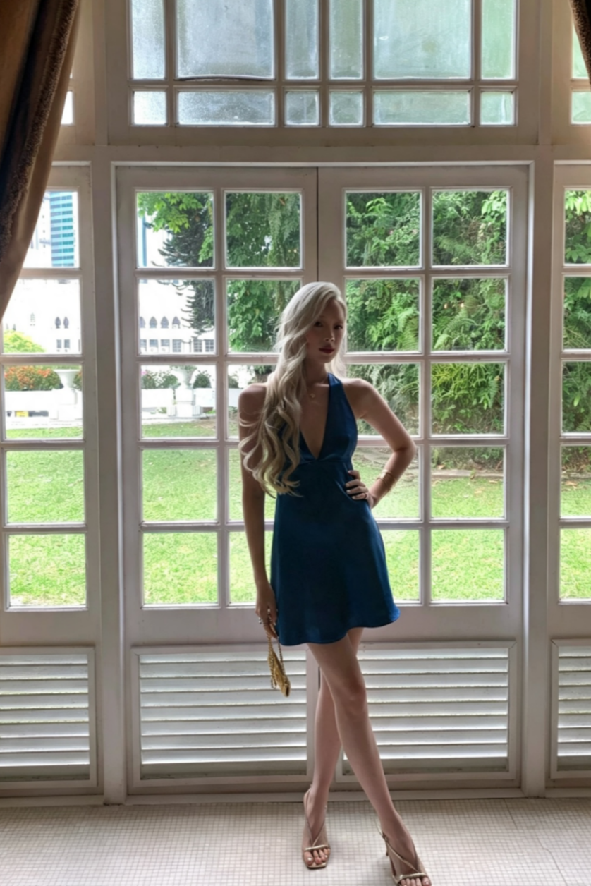 Open Back Satin Halter Mini Dress with Back Bow, Cocktail Party Dress F059