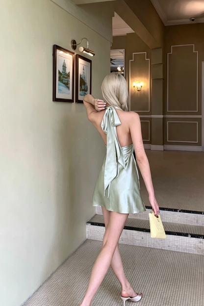 Open Back Satin Halter Mini Dress with Back Bow, Cocktail Party Dress F059