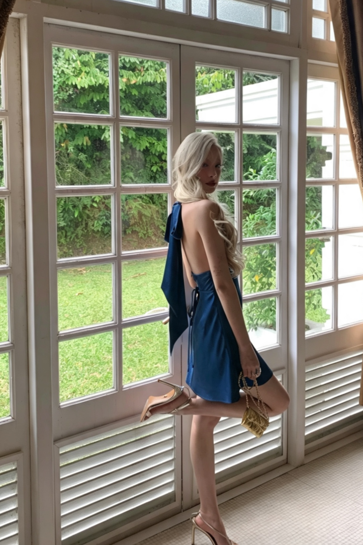 Open Back Satin Halter Mini Dress with Back Bow, Cocktail Party Dress F059