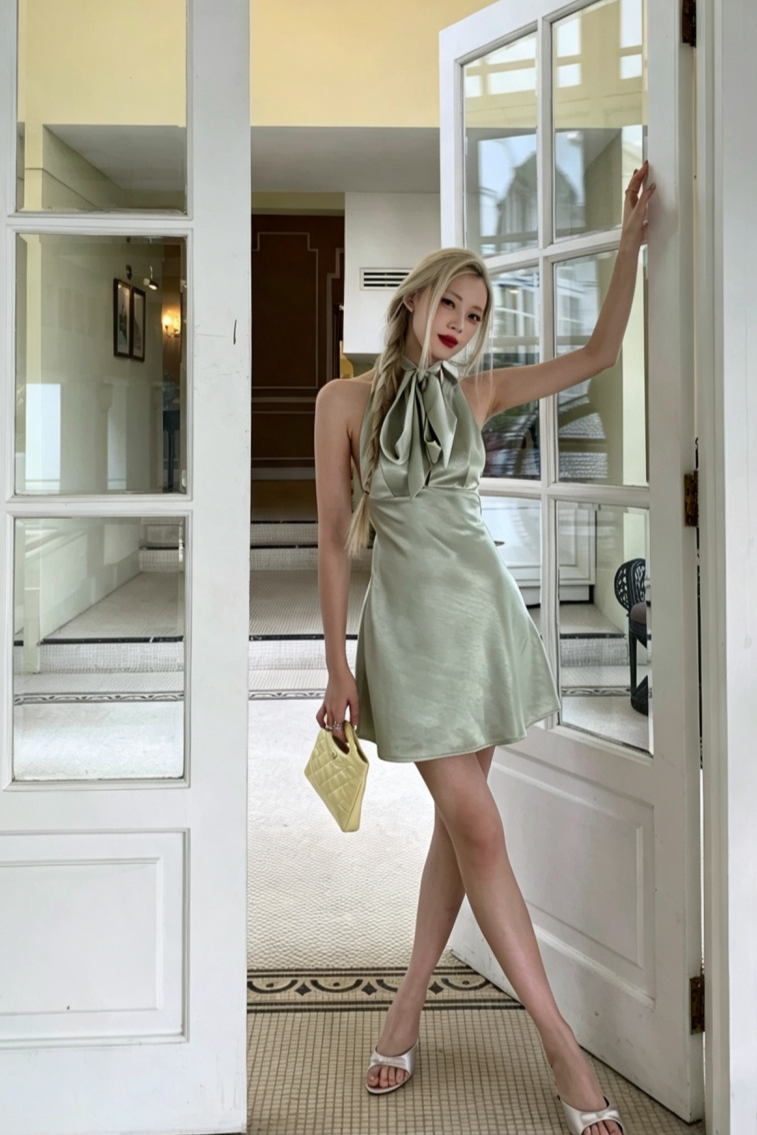 Open Back Satin Halter Mini Dress with Back Bow, Cocktail Party Dress F059