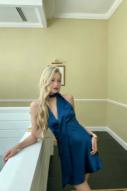 Open Back Satin Halter Mini Dress with Back Bow, Cocktail Party Dress F059