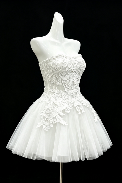 White Strapless Corset Lace Short Dress, Floral Applique Tulle Cocktail Party Gown F007