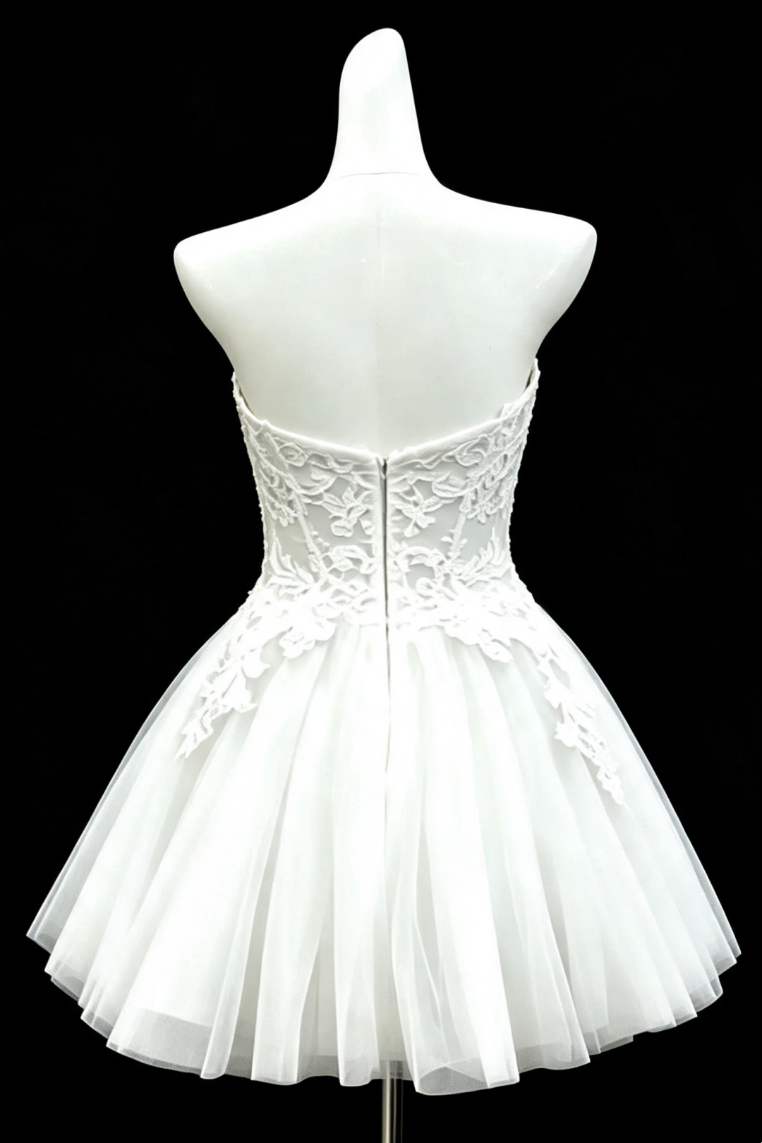 White Strapless Corset Lace Short Dress, Floral Applique Tulle Cocktail Party Gown F007