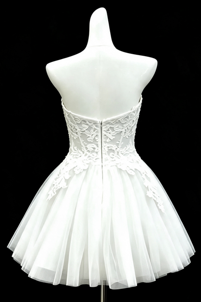 White Strapless Corset Lace Short Dress, Floral Applique Tulle Cocktail Party Gown F007