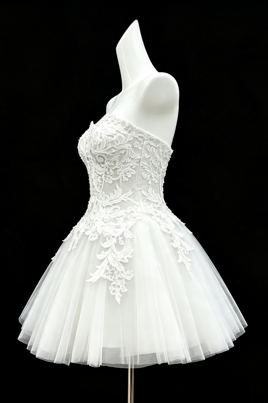White Strapless Corset Lace Short Dress, Floral Applique Tulle Cocktail Party Gown F007