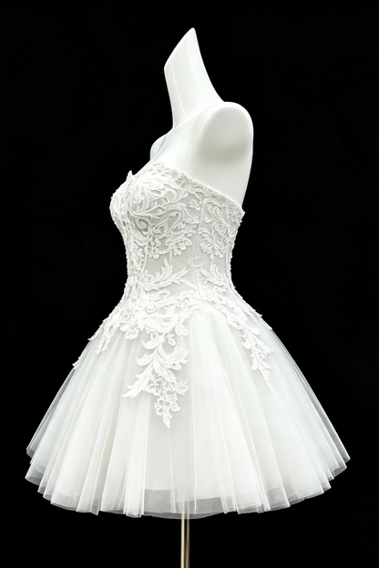 White Strapless Corset Lace Short Dress, Floral Applique Tulle Cocktail Party Gown F007