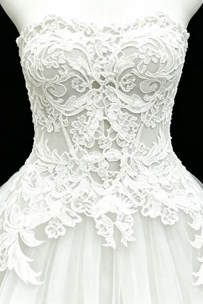 White Strapless Corset Lace Short Dress, Floral Applique Tulle Cocktail Party Gown F007