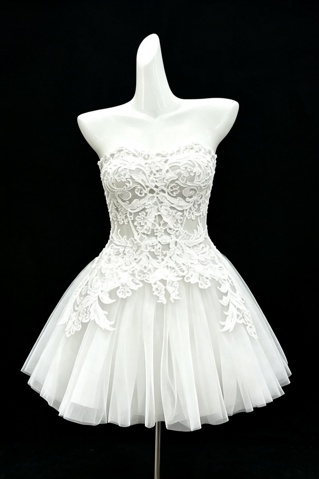 White Strapless Corset Lace Short Dress, Floral Applique Tulle Cocktail Party Gown F007