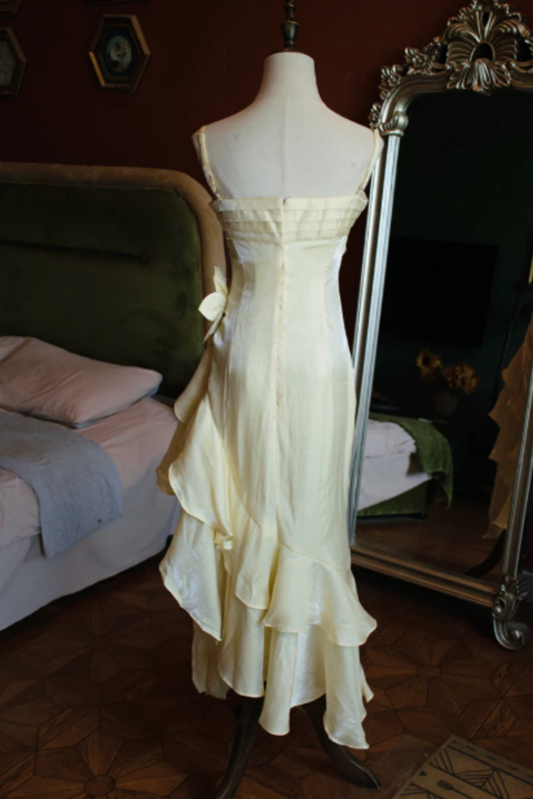 Cream Yellow Shiny Spaghetti Strap Formal Dress, Ruched Asymmetrical Ruffle Floral Party Dress L013
