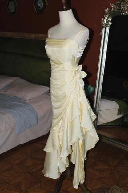 Cream Yellow Shiny Spaghetti Strap Formal Dress, Ruched Asymmetrical Ruffle Floral Party Dress L013