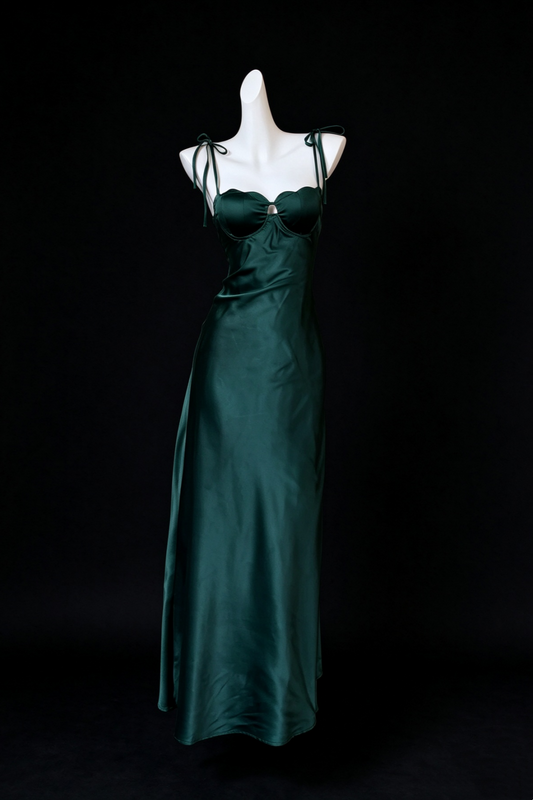 Dark Green Satin Tie Strap Sweetheart Cutout Long Evening Dress F0522